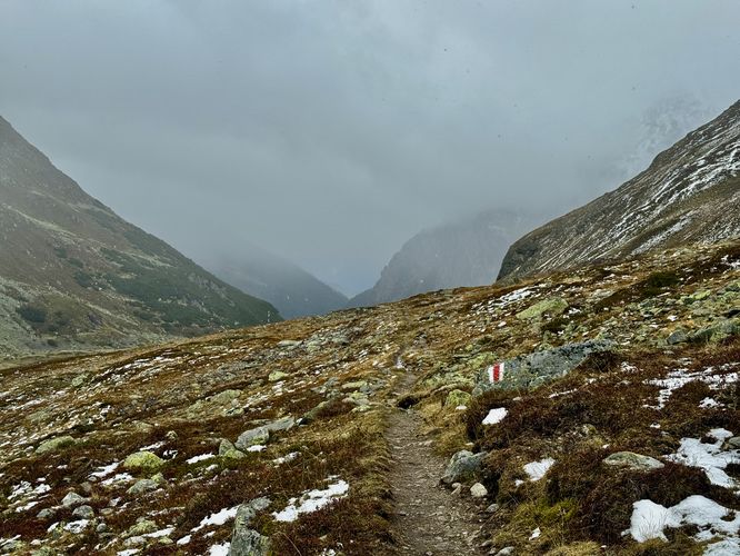 Cloudy view of Flüela Pass from the hiking trail