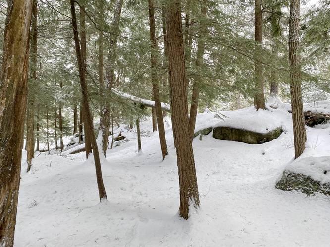 Hike down and around the rocky outcropping to reach another rocky ledge with views of Flume Falls