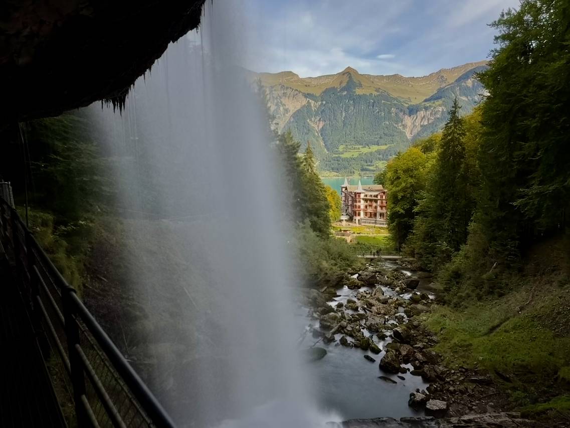 View from behind the iconic Giessbach Falls in Brienz, Switzerland.
