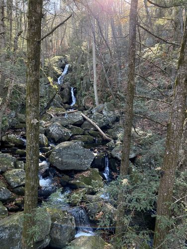 View of Goldmine Brook Falls (both tiers, approx. 40-feet tall)