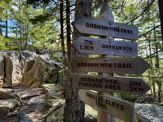 Trail sign at junction with Cadillac Cliffs Trail and Gorham Mountain Trail