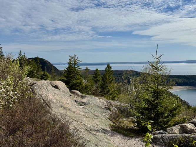Exposed bedrock on Gorham Mountain with a view of The Beehive and Sand Beach