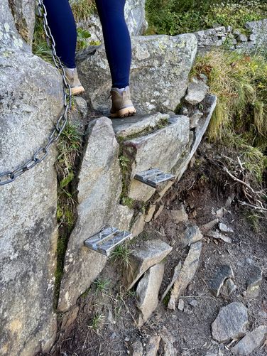 Very easy scramble with metal steps and chain