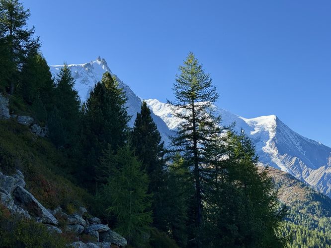 View of Aiguille du Midi and glacier-capped peaks on the massif