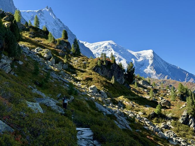 Hiking the Grand Balcon Nord with a backdrop of the Mont Blanc massif