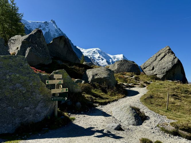Trail junction with massive boulders scattered along the path
