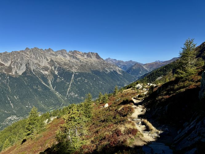 View of the Aiguilles Rouges (Red Needles) massif from the Grand Balcon Nord trail