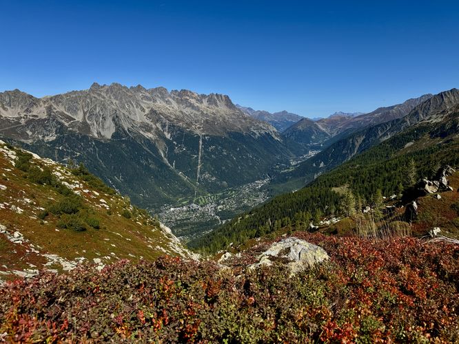 View of the Chamonix Valley and Aiguilles Rouges with autumn colors