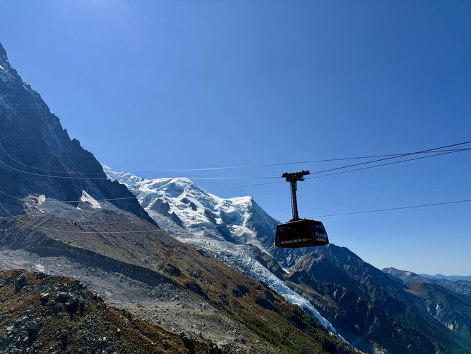 Aiguille du Midi cable car ascends up to the Southern Needle