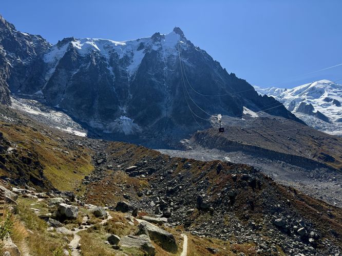 View of the cable car ascending to Aiguille du Midi