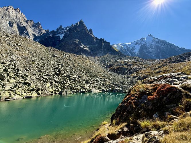 View of Lac Bleu (Blue Lake) with Aiguille du Midi in the background