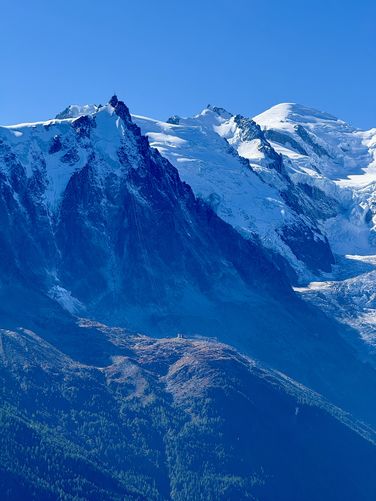 View of Aiguille du Midi (left) and the summit of Mont Blanc (right)