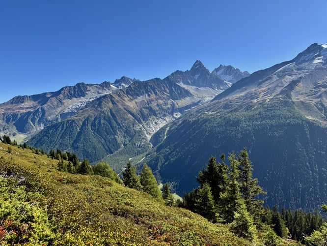 View of the northern peaks and glaciers on the Mont Blanc Massif