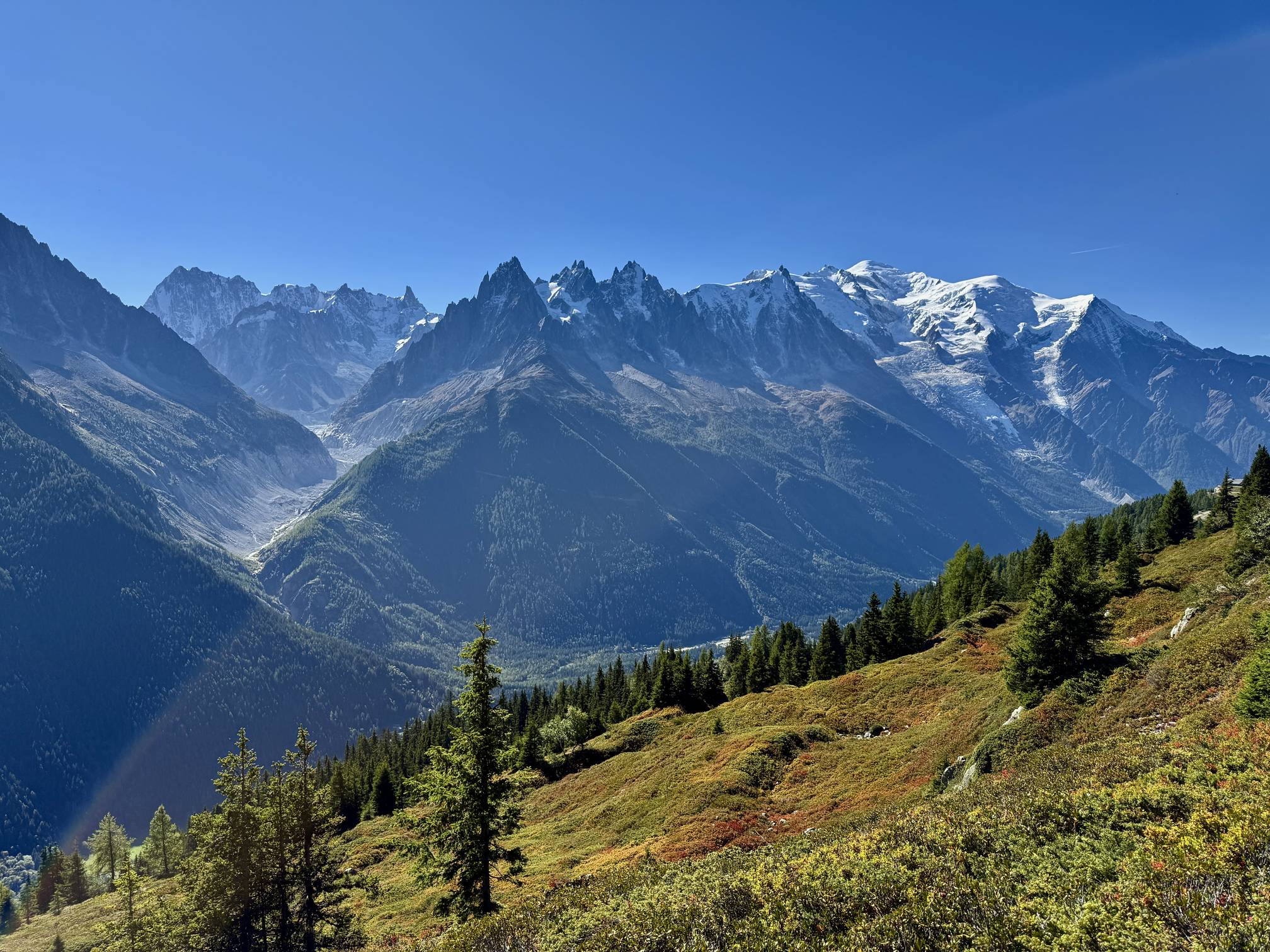 A panoramic view of the Mont Blanc massif high above the Chamonix Valley, France.