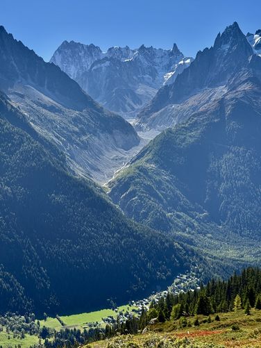 The Grandes Jorasses towers over Mer de Glace with the Chamonix Valley below