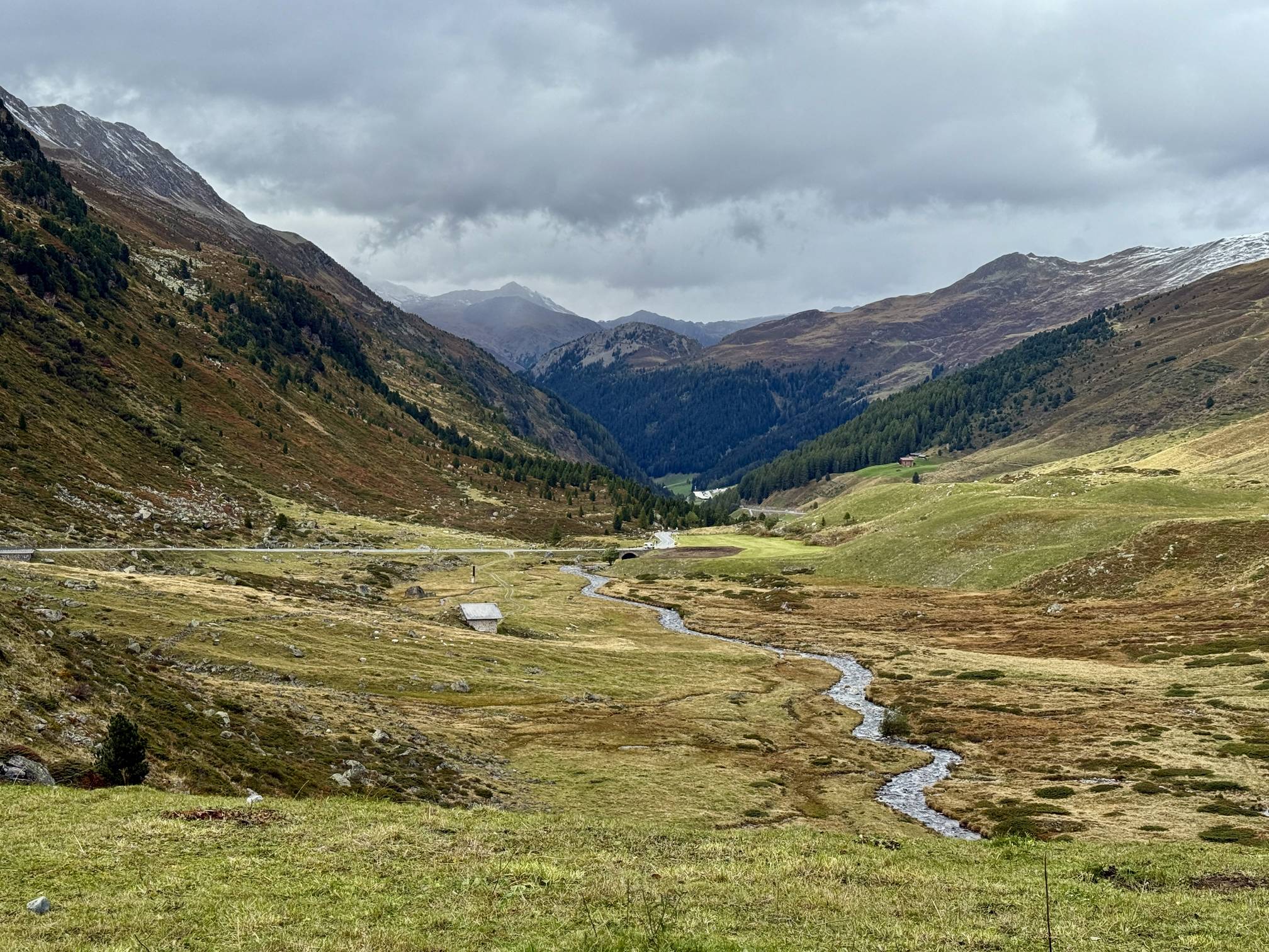 A view of Flüela Pass from the Grand Tour of Switzerland sign near Davos, Switzerland.