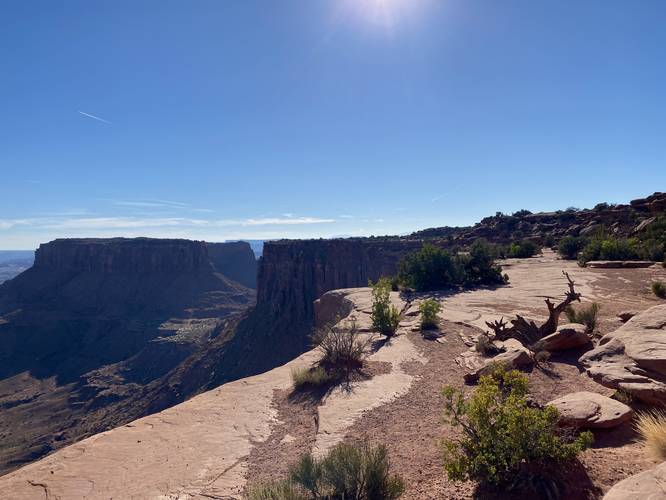 View facing south of mesas and massive steep cliffs along the Grand View Point Trail