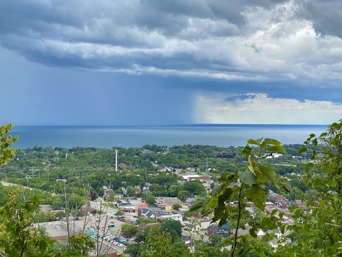 View of Lake Ontario and Grimsby, Ontario from Grimsby Point (with storm cloud)