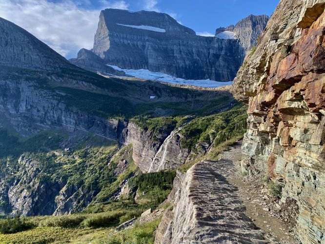 View of 960-foot tall Grinnell Falls w/Grinnell Glacier in the distance