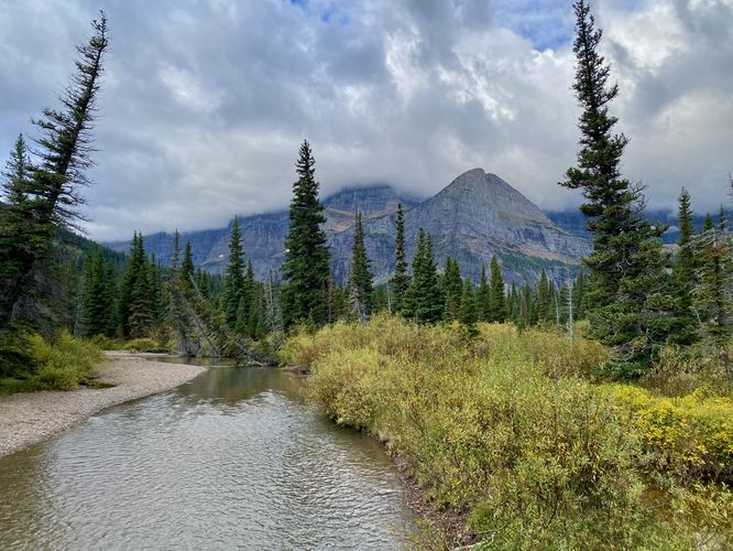 View of Mt Gould and Angel Wing (peak) from the Grinnell Creek footbridge