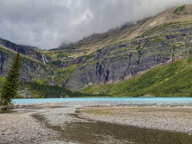 North end of Grinnell Lake with view of 960-foot tall Grinnell Falls