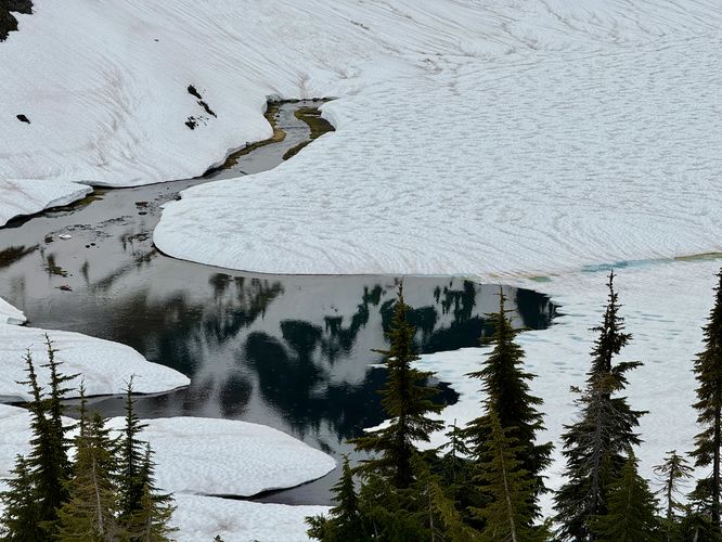 View of the dark-blue Upper Bagley Lakes