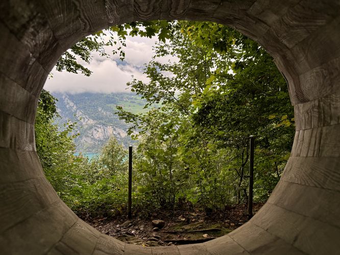 A view through the large wooden megaphone, horn