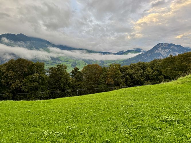 View of mountains surrounding Amden, Switzerland