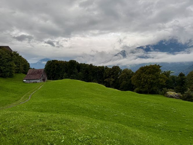 West-facing view of meadows and mountains along the Helsana Trail