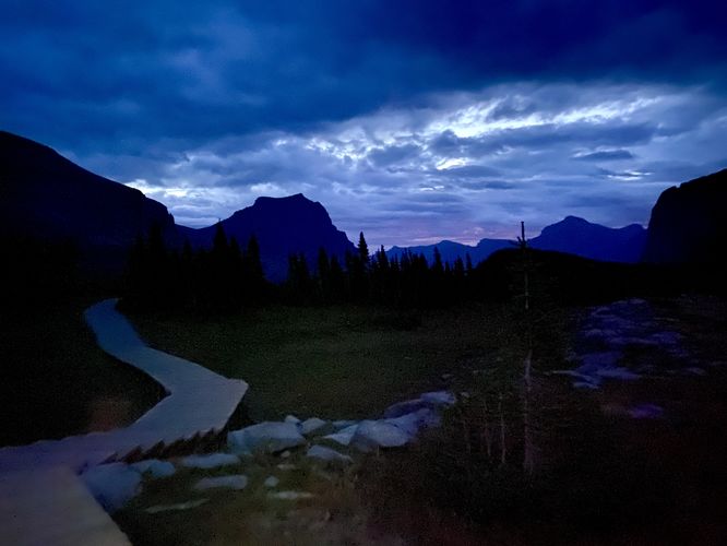 Pre-sunrise views of the trail at Logan Pass