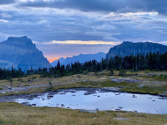 View of mountains east of Logan Pass with vernal pool in the foreground