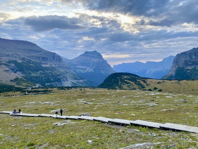 View into Logan Pass with boardwalk of the trail