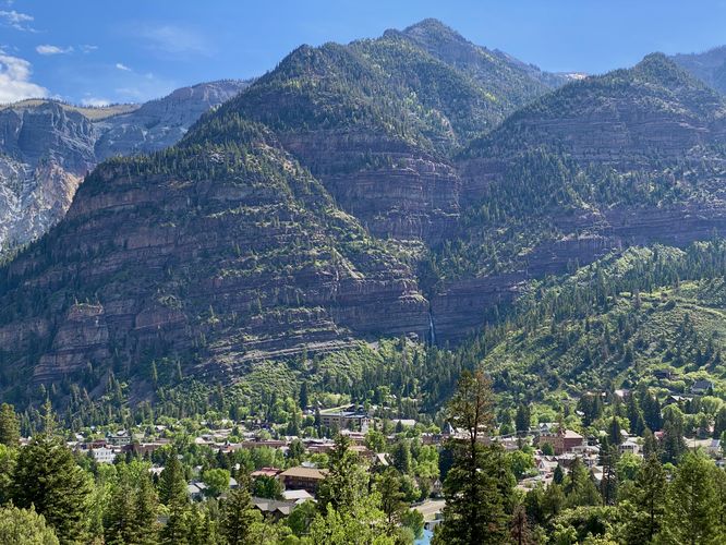 View of Ouray and Lower Cascade Falls