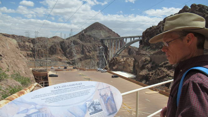 Views of the walking bridge at Hoover Dam from the trail