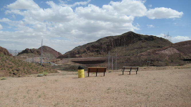 Benches and trash bin along the trail