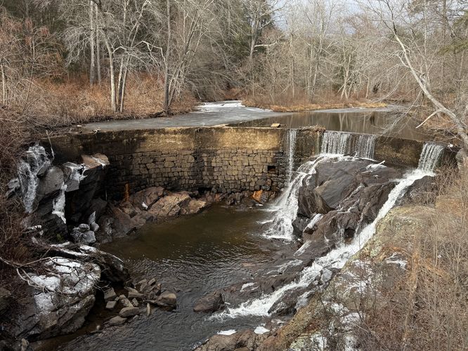 Roadside waterfall, Horseshoe Falls in Plymouth, Connecticut