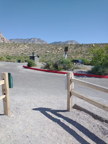 Restrooms across parking area