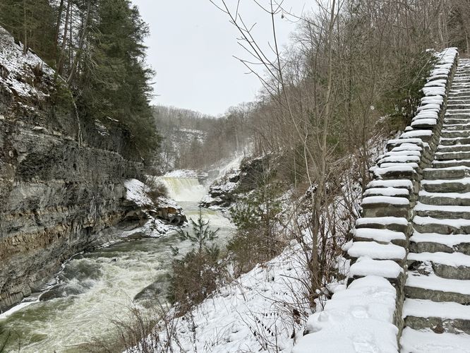Stone staircase and a view of Lower Falls