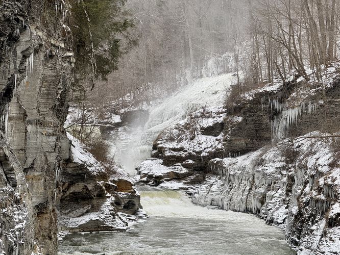 View of Lower Falls with freezing waterfall spray in the air