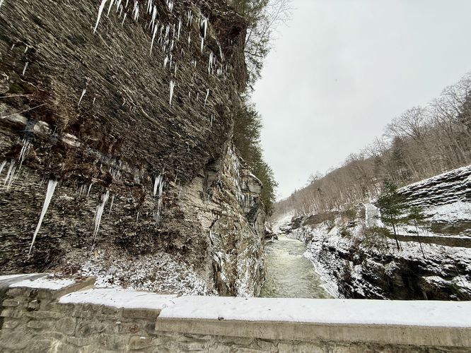 View into Letchworth Gorge from the stone footbridge