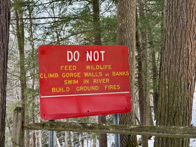 Do not feed wildlife, climb gorge walls or banks, or swim in the river