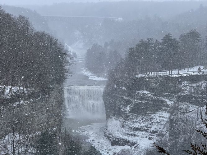 Snowy view of Middle Falls from Inspiration Point
