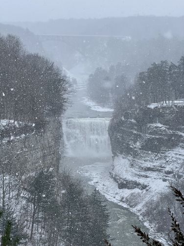 Snowy view of Middle Falls from Inspiration Point