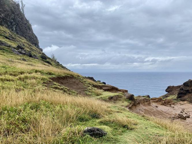 Kahakuloa Head Trail ends near the sandy cliffs