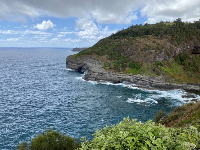View east along Kauai's coast with sea caves and wild birds on the rocky ledges