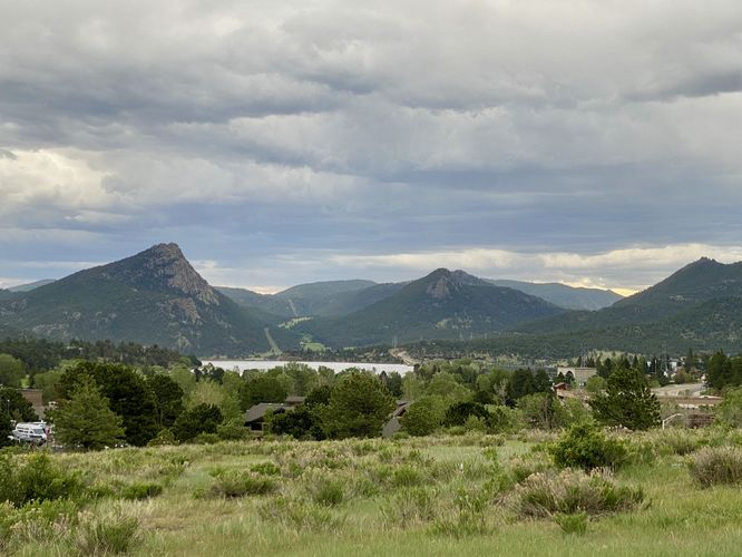 View of Lake Estes and surrounding mountains