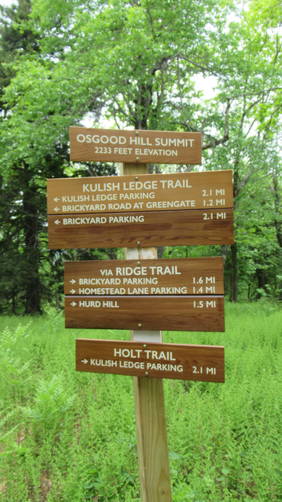 The summit and well marked trail post