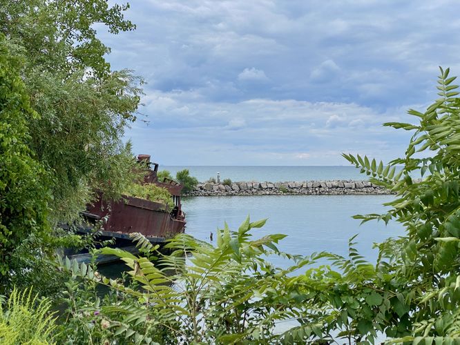 View of the shipwreck and a breakwater behind