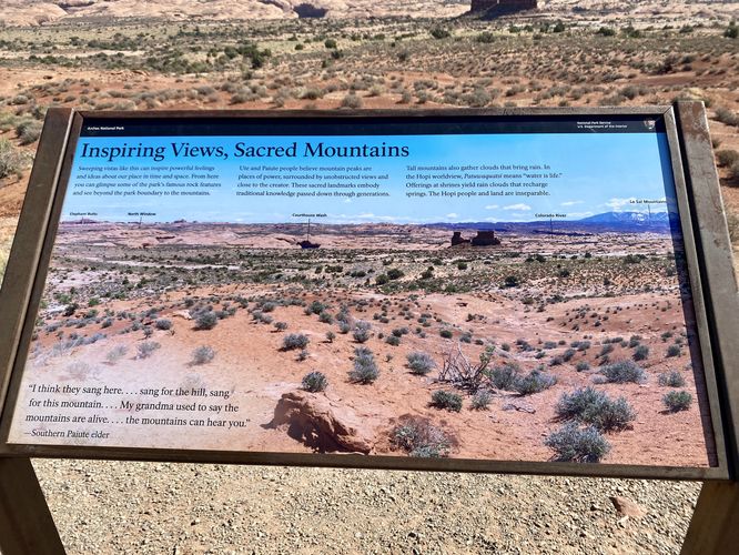 "Inspiring Views, Sacred Mountains" information kiosk about Arches' landscape