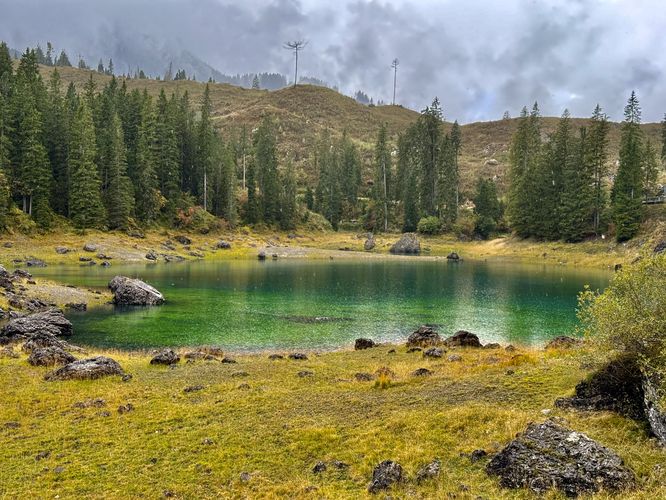 View of Lago di Carezza (Karersee) from the east side of the trail